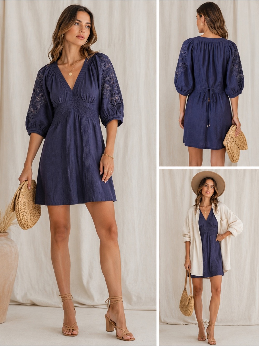Scarlett Poppies Boho Linen Mini Dress Navy Eyelet Embroidered Puff Sleeve